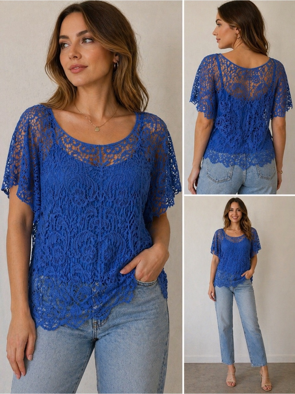 Lace Overlay Scoop Neck Top - Cobalt Blue